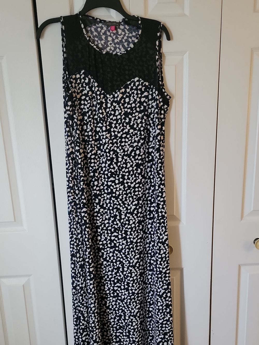 Vince Camuto Black and White Printed Maxi Dress with Sheer Yoke